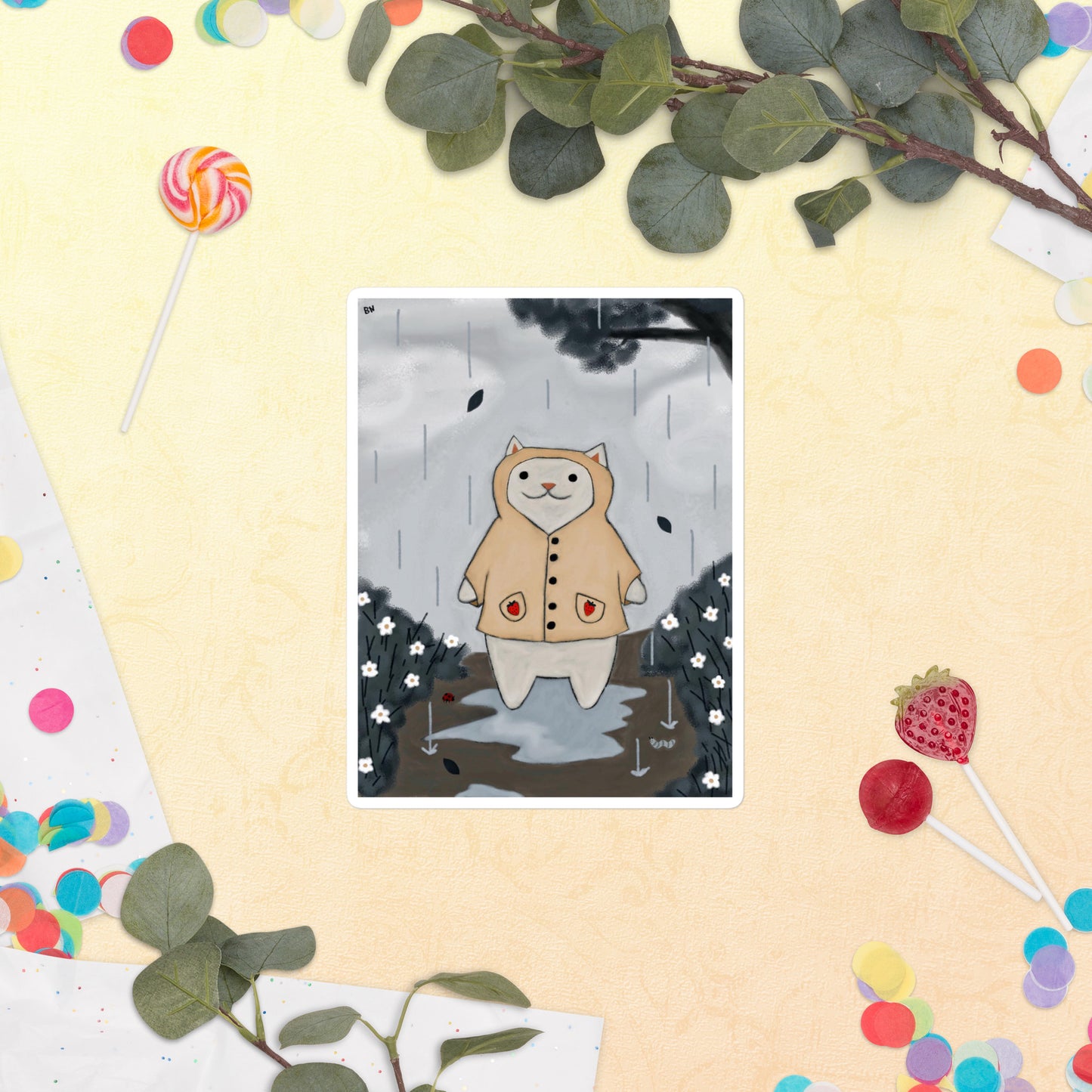 Moonflower Strawberry Cat Raincoat Stickers