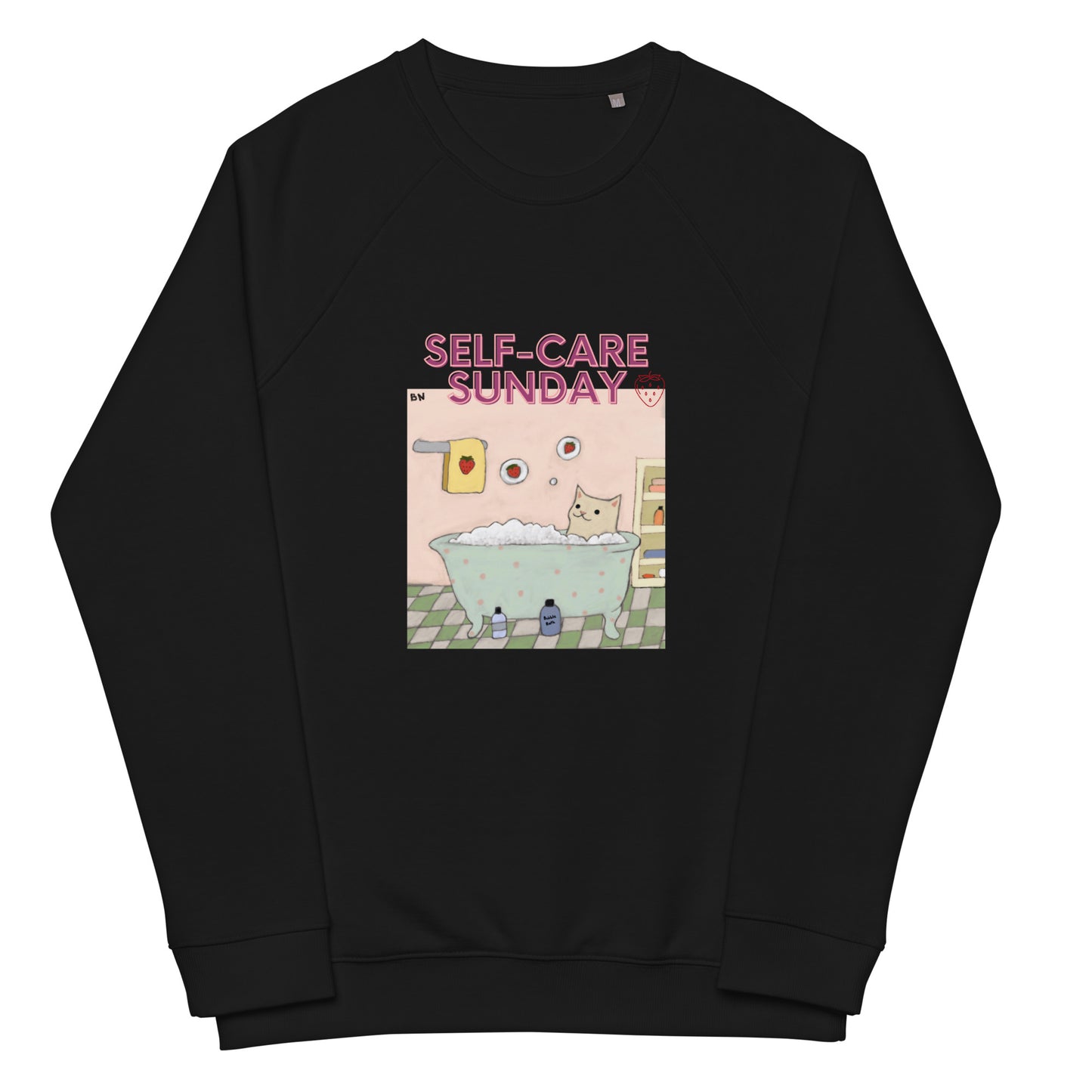 Unisex organic raglan self-care sunday strawberry cat sweatshirt