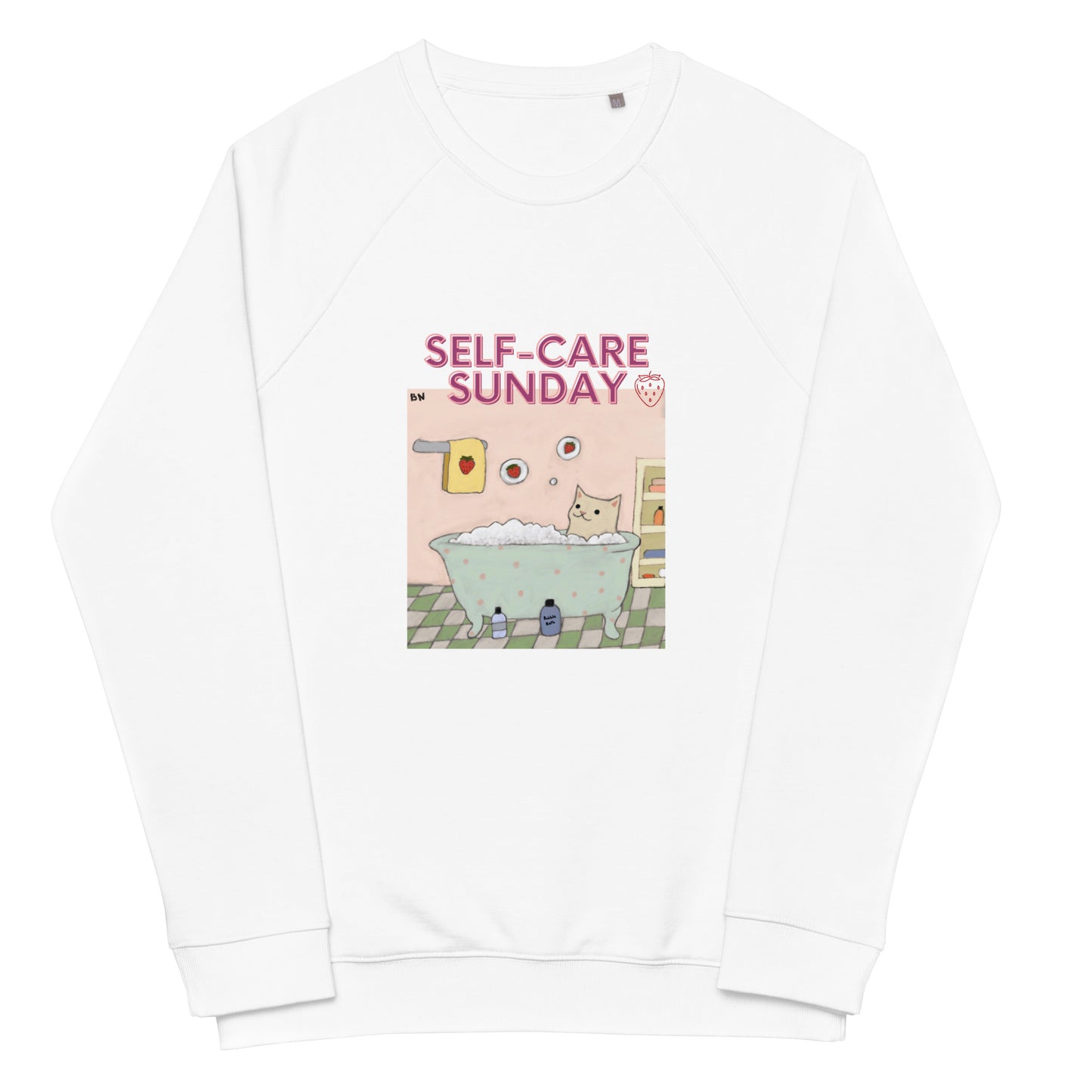 Unisex organic raglan self-care sunday strawberry cat sweatshirt